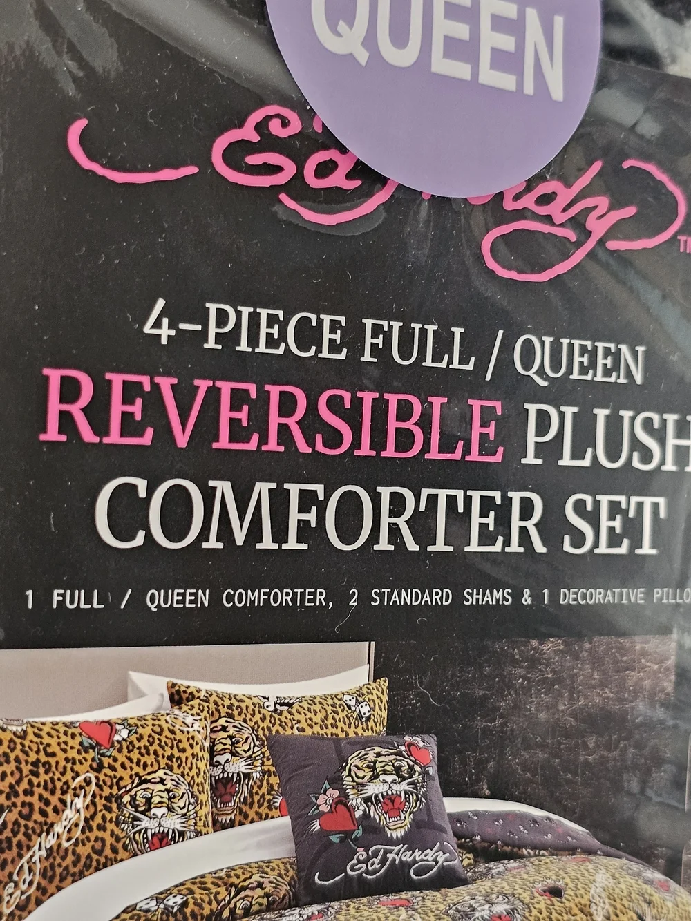 Ed Hardy Gray & Leopard Print Reversible Plush Comforter Set 4 Pc Queen